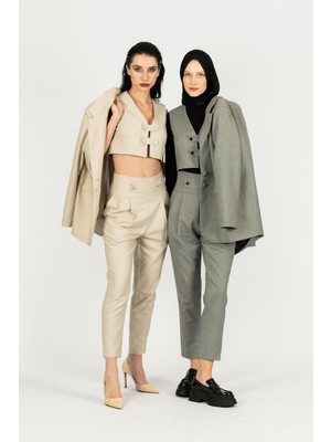 By Özlem Yazan Suit Dokuma Astarlı Crop Yelek Blazer Ceket Havuç Pantolon Kadın Üçlü Takım