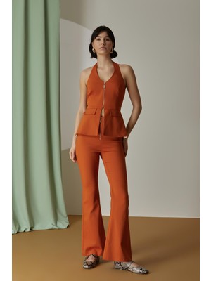 Kadın Yüksek Bel Geniş Paça Düz Rahat Kesim Turuncu Pantolon NAAR12214-MARMELAT