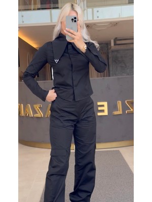 By Özlem Yazan Pamuk Saten Uzun Yaka Gömlek Kargo Pantolon Kadın Ikili Takım