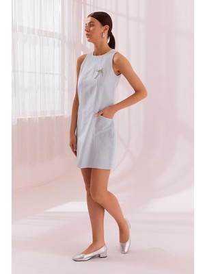 Kadın Bisiklet Yaka Diz Üstü Boy Kolsuz Düz Rahat Kesim Mavi Elbise NAAR12109-MAVİ