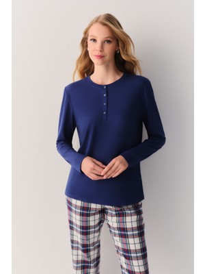 Suwen Pillow Check Uzun Kol Düğme Yaka Pijama Üstü