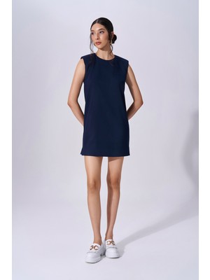 Kadın Mini Boy Yuvarlak Yakalı Kolsuz Lacivert Elbise NAAR91102-LACİVERT