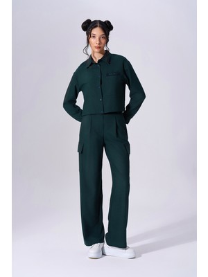 Kadın Kemer Detaylı Yüksek Belli Uzun Yeşil Pantolon NAAR91214-ORİGİNAL