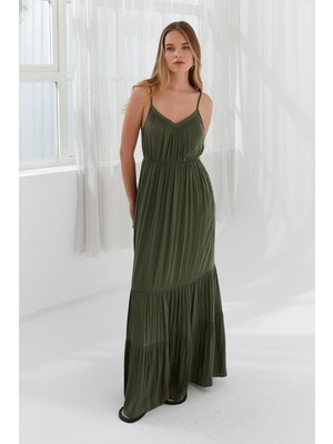 Kadın Askılı Uzun Boy V Yaka Düz Model Rahat Geniş Haki Elbise NAAR12147-HAKİ