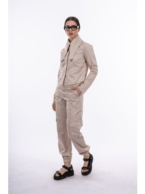 By Özlem Yazan Pamuk Saten Uzun Yaka Gömlek Kargo Pantolon Kadın Ikili Takım