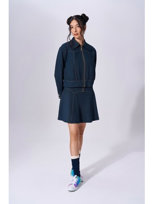 Kadın Fermuarlı Gömlek Yaka Uzun Kollu Lacivert Mont NAAR91602-LACİVERT