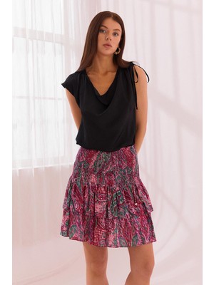 Kadın Normal Kalıp Beli Büzgülü Fdökümlü Desenli Kısa Kırmızı Etek NAAR12515-VİŞNE