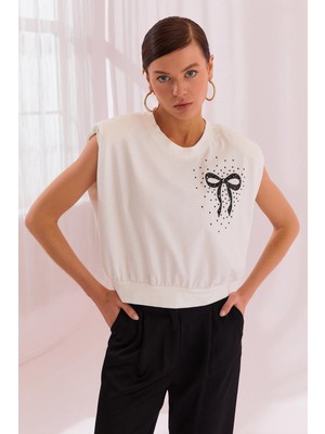 Kadın Regular Fit Yuvarlak Yaka %100 Pamuklu Beli Lastikli Kolsuz Ekru T-Shirt NAAR12334-EKRU