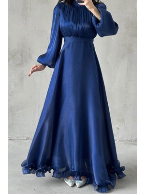 Tesettür Diyarı Feray Altı Fırfırlı Janjan Kumaş Tesettür Abiye- Lacivert