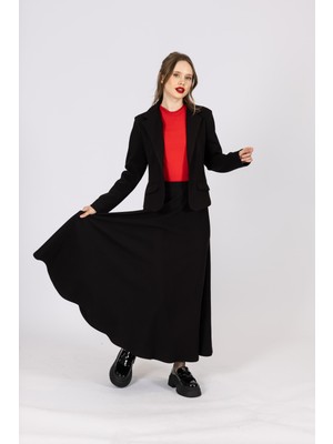 By Özlem Yazan Astarsız Örme Blazer Ceket & Volan Detaylı Kloş Uzun Etek Kadın Ikili Takım