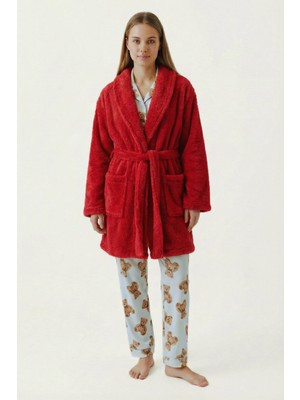Sevim Şal Yaka Wellsoft Sabahlık & Peluş Bornoz-Yumuşak, Polar Unisex Sabahlık-Kırmızı