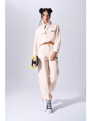 Kadın Yüksek Bel Dokuma Kumaş Rahat Günlük Krem Pantolon NAAR91206-KREM