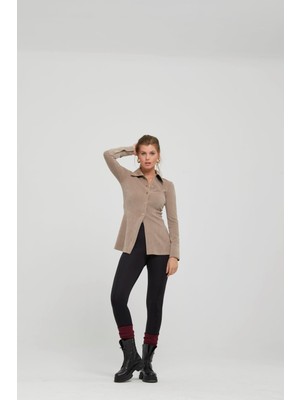 Kadın Slim Fit Dokuma Kumaş Uzun Kollu Bej Gömlek NAAR91332-BEJ
