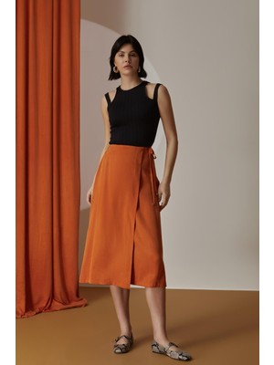 Kadın Yüksek Bel Beli Ip Bağlamalı Midi Boy Turuncu Etek NAAR12509-MARMELAT