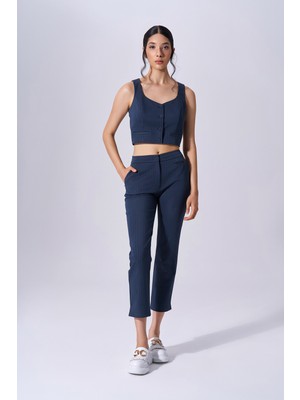 Kadın Kalın Askılı Düğme Kapamalı Kolsuz Lacivert Pantolon NAAR91201-LACİVERT