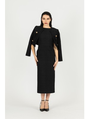 By Özlem Yazan Tüvit Dokulu Crop Ceket & Yırtmaçlı Kalem Elbise Kadın Ikili Takım