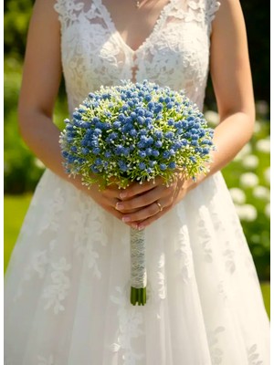 Madame Nazar Üstün Kalite Gerçekçi Cipso Yapay Çiçek Gelin Eli Buketi – 1 Buket- 30CM (Mavi) Solmaz