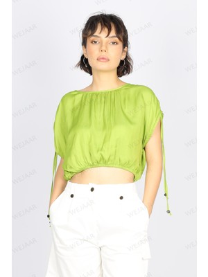 Kadın Marka Logolu Organik Pamuklu Kısa Kollu Yeşil Bluz NAAR81351-YEŞİL