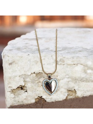 Reiz Kenarı Zirkon Taş Kaplamalı Gold Renk Paslanmaz Çelik Kalp Kolye