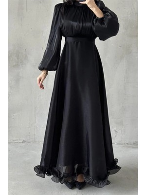 Tesettür Diyarı Feray Altı Fırfırlı Janjan Kumaş Tesettür Abiye- Siyah