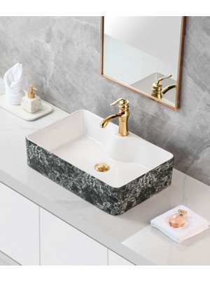 Harmeh Prag 3009 Siyah Mermer Desenli Tezgah Üstü Lavabo 60X40X14CM