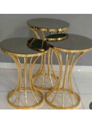 Çelsan Şelale Model 3’lü Zigon Sehpa Seti – Gold Kavisli Metal Ayaklı Siyah Cam | Yerli Üretim