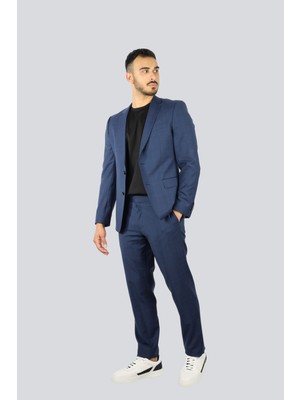 Boss Erkek Slim Fit Yünlü Kare Desenli Yanları Yırtmaçlı Astarlı Lacivert Takım Elbise 50535023-404
