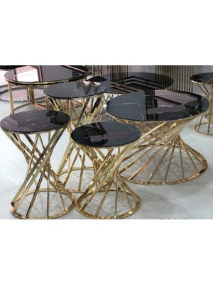 Çelsan Yelpaze Model Lüks Orta Sehpa – Gold Metal Ayaklı Siyah Cam | 80 cm Çap | Yerli Üretim