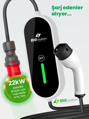 BIGstation 22KW Taşınabilir Akıllı Ev Ac Şarj Cihazı Wi-Fi Destekli 22 Kw Mobil Uygulama Kablolu (TAŞIMA ÇANTASI ve 220V DÖNÜŞTÜRÜCÜ)