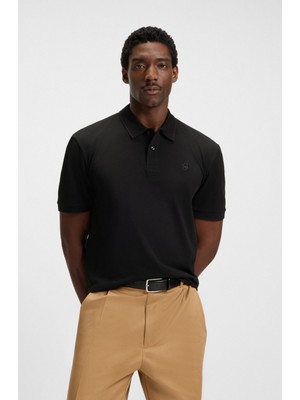 Boss Erkek Normal Kalıp Logo Işlemeli Kısa Kollu %100 Pamuklu Pike Siyah Polo Yaka T-Shirt 50544088-001