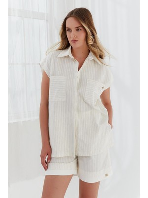 Kadın Regular Fit Dikey Çizgili Cep Detaylı Kısa Kollu Ekru Gömlek NAAR12357-ORİGİNAL