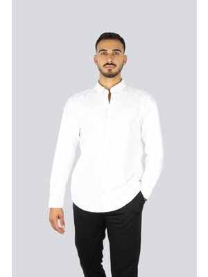 Boss Erkek Slim Fit %100 Pamuklu Logo Işlemeli Uzun Kollu Beyaz Gömlek 50544951-100