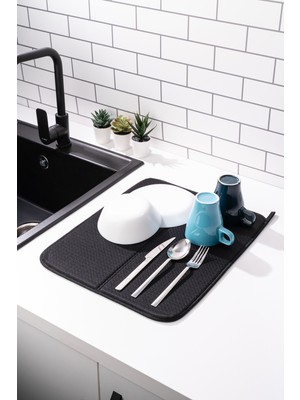 Teknotrust Süper Emici Bulaşık Kurutma Matı 45X36CM, Siyah, Tezgah Üstü, Pratik Kullanım
