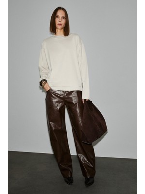 Grimelange Lıore Kadın Organik Pamuklu Yuvarlak Yaka Çift Katlı Oversıze Taş Rengi T-Shirt