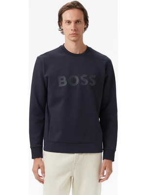 Boss Erkek Regular Fit Ribanalı Yuvarlak Yakalı Esnek Pamuklu Logo Kabartmalı Lacivert Sweatshirt 50506119-402