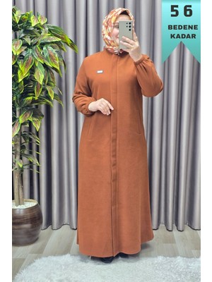 Elmas Tesettür Kadın Giyim Büyük Beden Kapşonsuz Yumuşak Kaşe Tam Boy Kaban