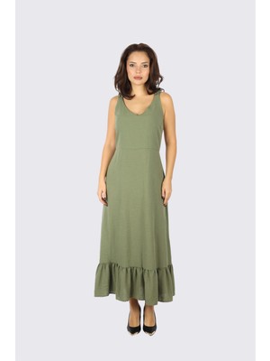 Ysatiss Kadın Normal Kalıp V Yaka Kolsuz Dökümlü Etek Uçlu Haki Elbise JYS4000159-HAKİ