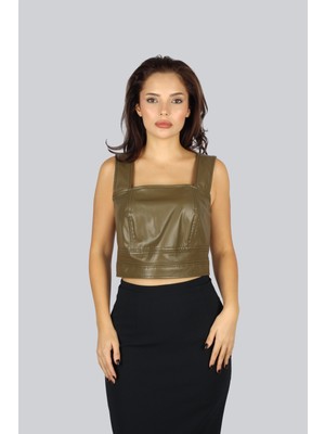 Ysatiss Kadın Normal Kalıp Kare Yaka Askılı Crop Haki Bluz KYS5000103-HAKİ