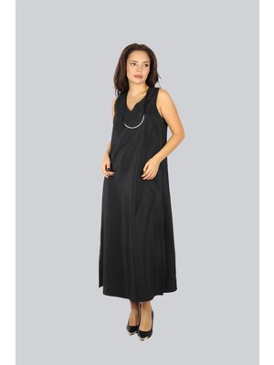 Ysatiss Kadın Rahat Kalıp Kolsuz V Yaka Harici Aksesuarlı Uzun Siyah Elbise 2525.4000135-SİYAH