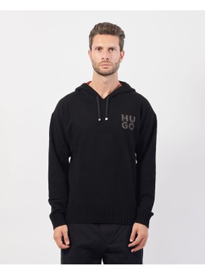 Hugo Erkek Regular Fit Marka Logolu Kapüşonlu Uzun Kollu Siyah Kazak 50527223-001
