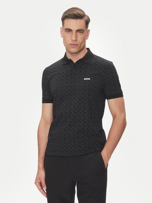 Boss Erkek Regular Fit Monogram Logo Desenli Pamuklu Kısa Kollu Siyah Polo Yaka T-Shirt 50540719-001