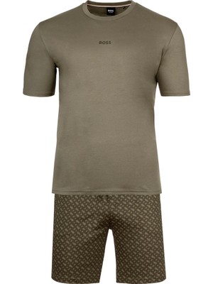Boss Erkek Pamuklu Normal Kalıp Logo Desenli Haki Pijama Takımı 50540613-349