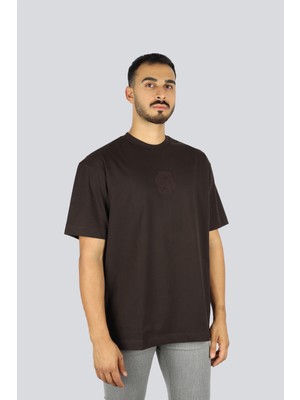 Boss Erkek Rahat Kalıp Yuvarlak Yakalı Çift Logo Detaylı %100 Pamuklu Kısa Kollu Kahverengi T-Shirt 50549112-202