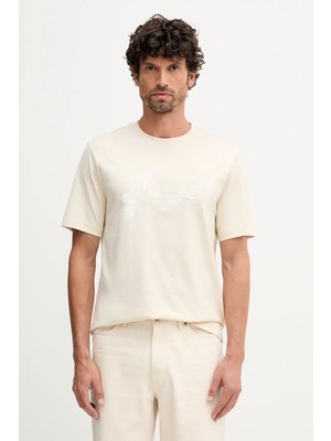 Boss Erkek Rahat Kalıp Yuvarlak Yakalı Pamuklu Baskılı Kısa Kollu Ekru T-Shirt 50549282-131