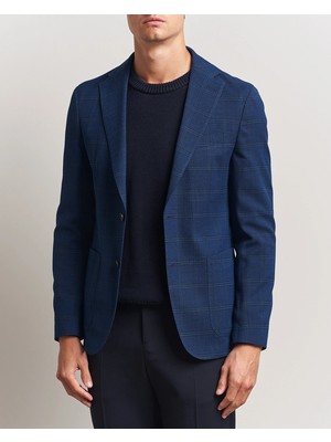 Boss Erkek Dar Kesim Çentikli Yaka Yün Pamuk Karışımlı Kare Desenli Lacivert Ceket 50545840-405