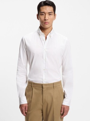 Boss Erkek Dar Kesim Pamuklu Logo Baskılı Uzun Kollu Beyaz Gömlek 50556076-100