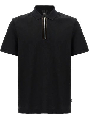Boss Erkek %100 Merserize Pamuklu Normal Kalıp Kısa Kollu Yarım Fermuarlı Siyah Polo Yaka T-Shirt 50543880-001