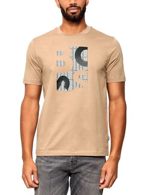 Boss Erkek Regular Fit Yuvarlak Yakalı Logo Baskılı Pamuklu Kısa Kollu Bej T-Shirt 50543901-260