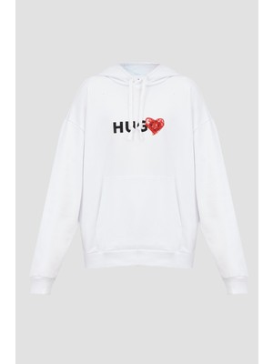 Hugo Erkek Normal Kesim Kapüşonlu Arkası Baskılı Uzun Kollu Beyaz Sweatshirt 50530577-100