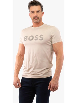 Erkek Boss Yazılı Kısa Kollu Bisiklet Yaka Krem T-Shirt 50531244-284